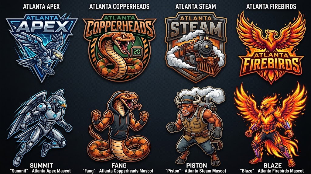 Atlanta four candidate logos and mascots, left to right: Apex, mascot Summit; Copperheads, mascot Fang; Steam, mascot Piston; Firebirds, mascot Blaze