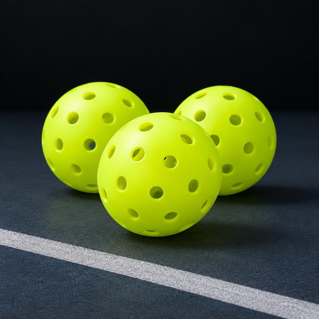 Three yellow PADL pickleballs on a court