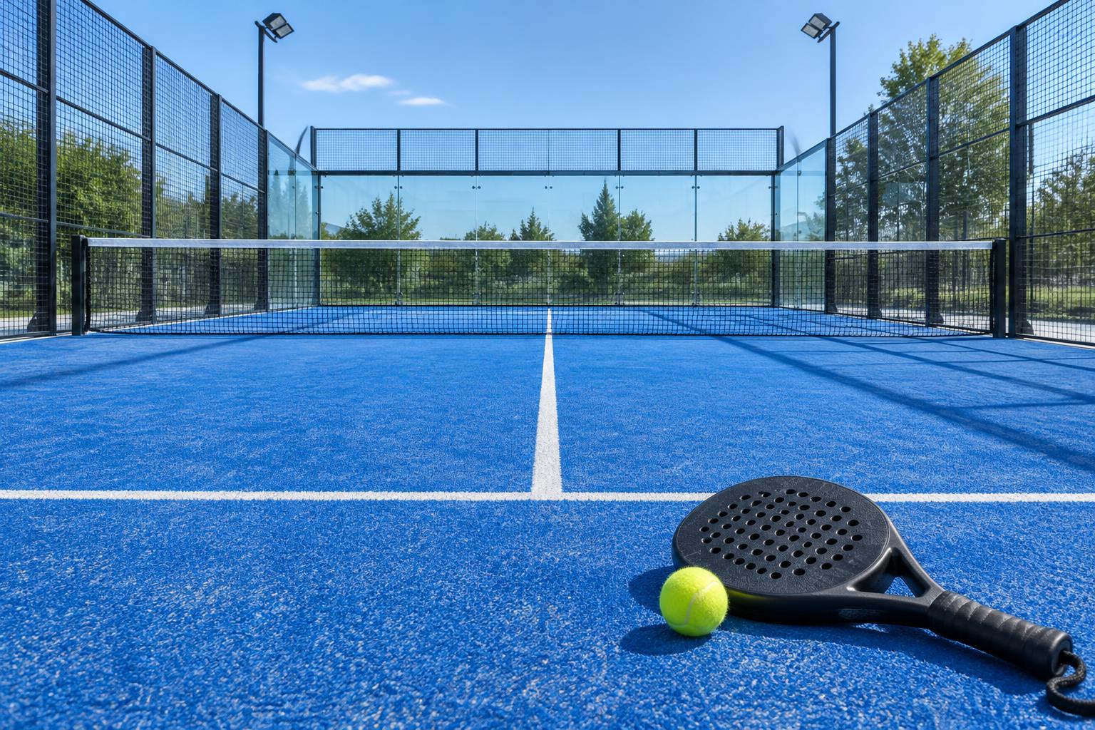 Padel racket and ball on an enclosed glass-and-mesh padel court